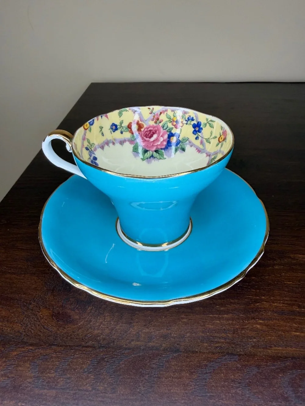Vintage Aynsley Turquoise Teacup Saucer Set B5304 Cabbage Rose Gold Gilt 1960s